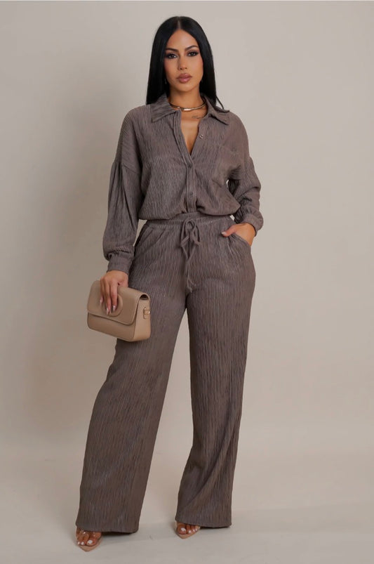 Solid Shirt & Pants Set - Brown