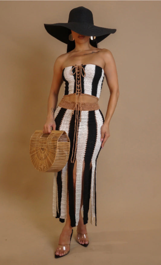 Stripe Halter Knit Crop Top Set - Black & White
