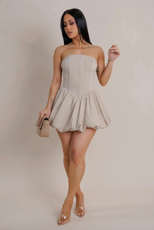 Binding Top Bubble Mini Dress - Taupe
