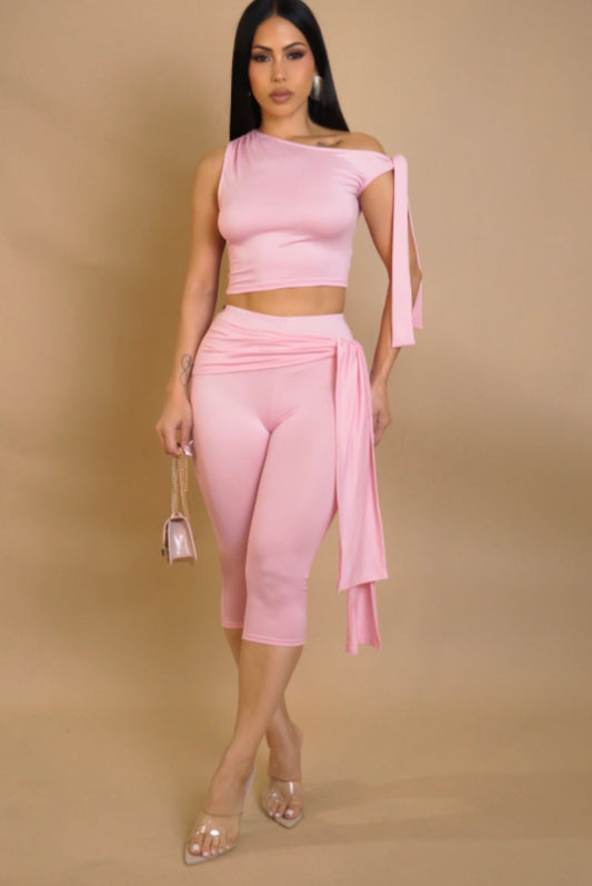 Knot Detail Asymmetric One Shoulder Luxe Slinky Top - Soft Pink