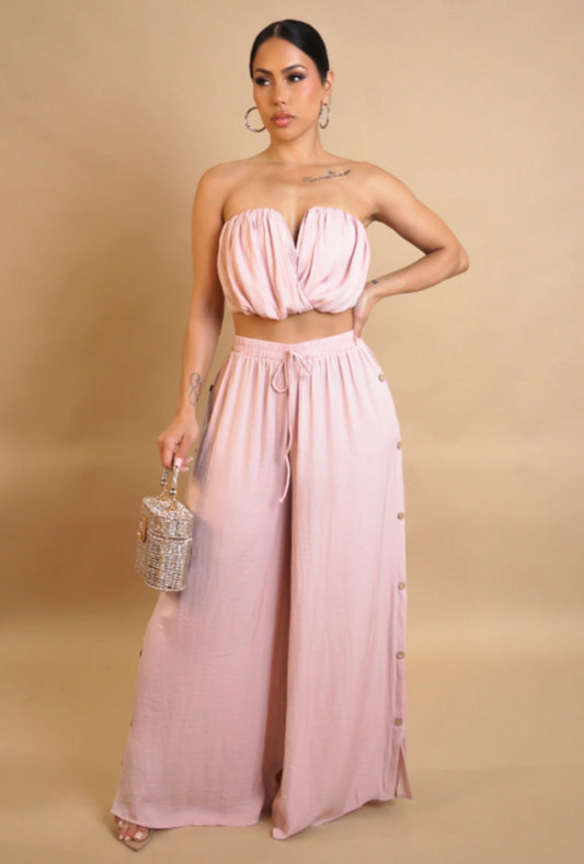 Ruched Top Pants Set - Pink