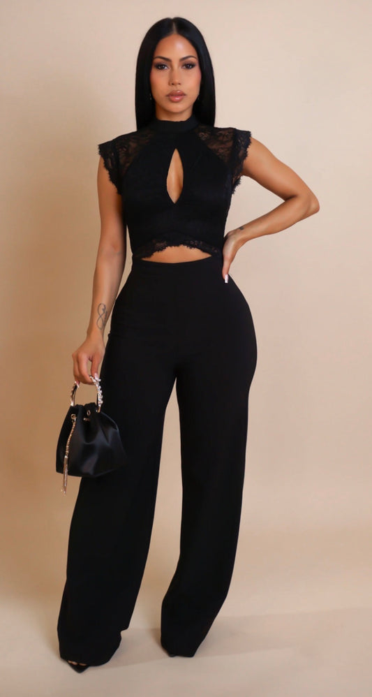 LUXE Stretch Woven Lace Keyhole Wide Legs Jumpsuit - Black