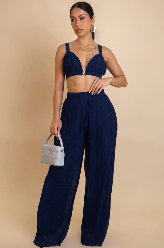 Navy Blue Pleated Crop Top & Wide-Leg Pants Set