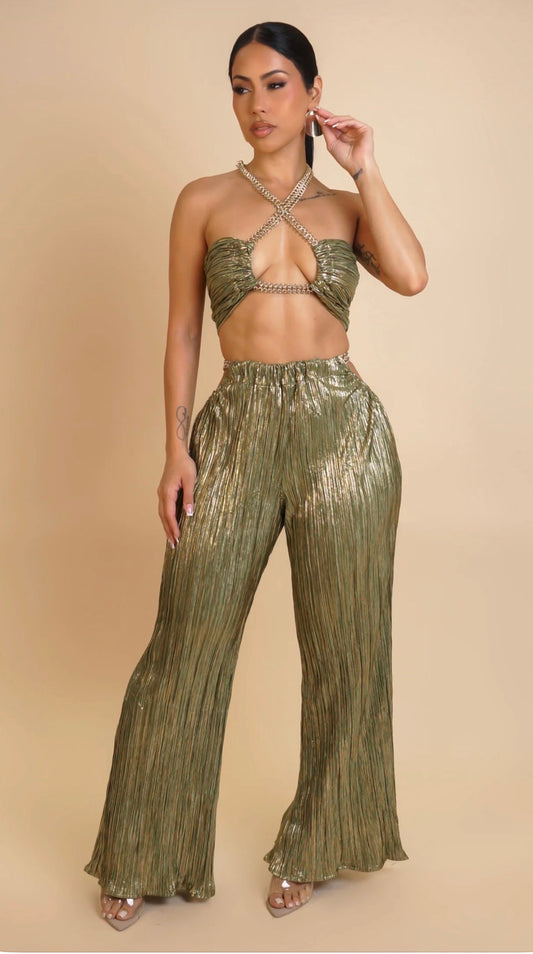 Pleated Foil Tricot 2 Piece Bra & Pant Set - Olive Green