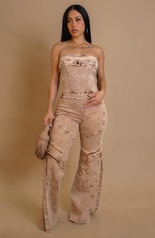 Jessica Denim Cargo Jumpsuit - Khaki