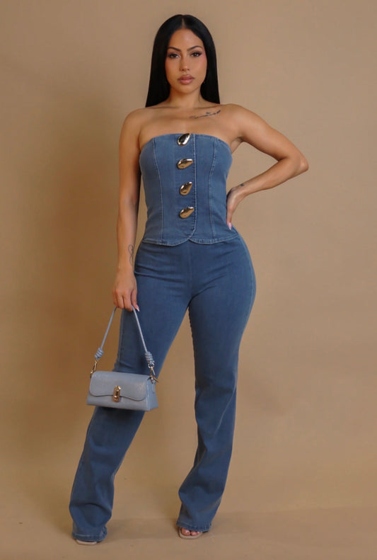 Daniella Light Denim Crop Top & Pant Set - Blue