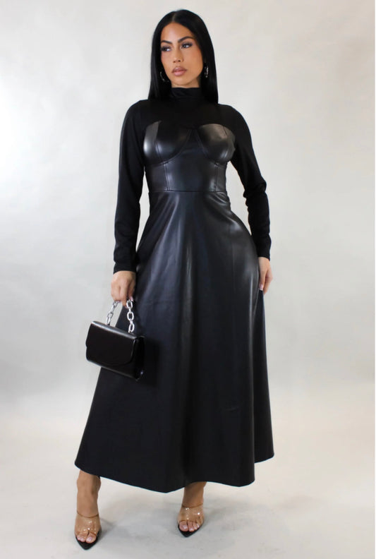 Heart Neckline Leather Dress - Black