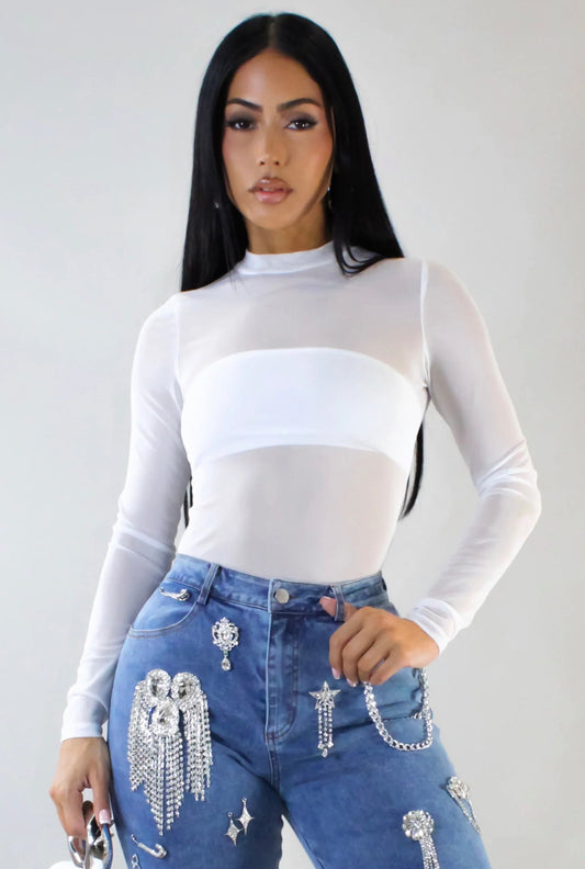 Mock Neck Mesh Long Sleeve Crop Top - White